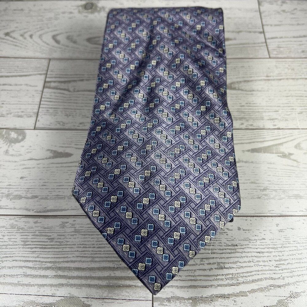 Beaufort Tie Rack - 100% Italian Silk Geometric Patterned Tie in Blue and Gray